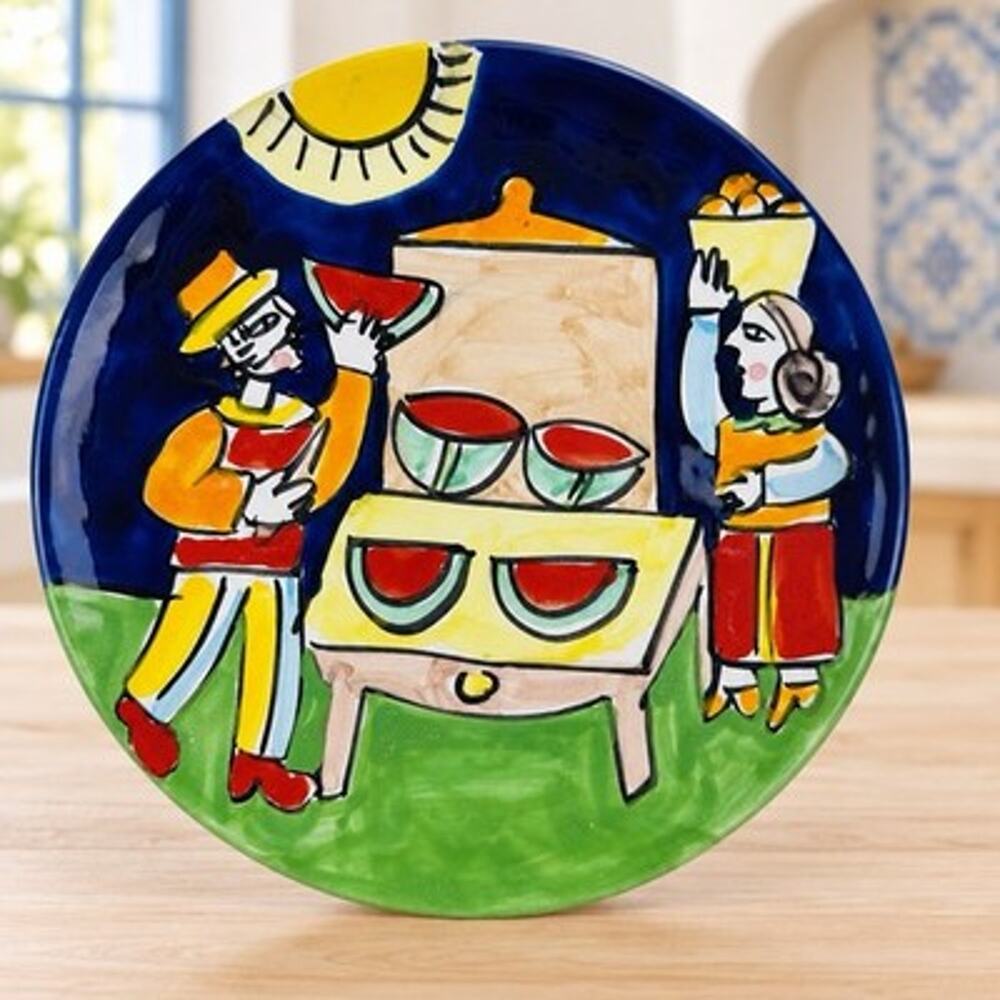 Vintage Macy’s Italy Hand Painted Watermelon Market Scene Plate 8 Inch
